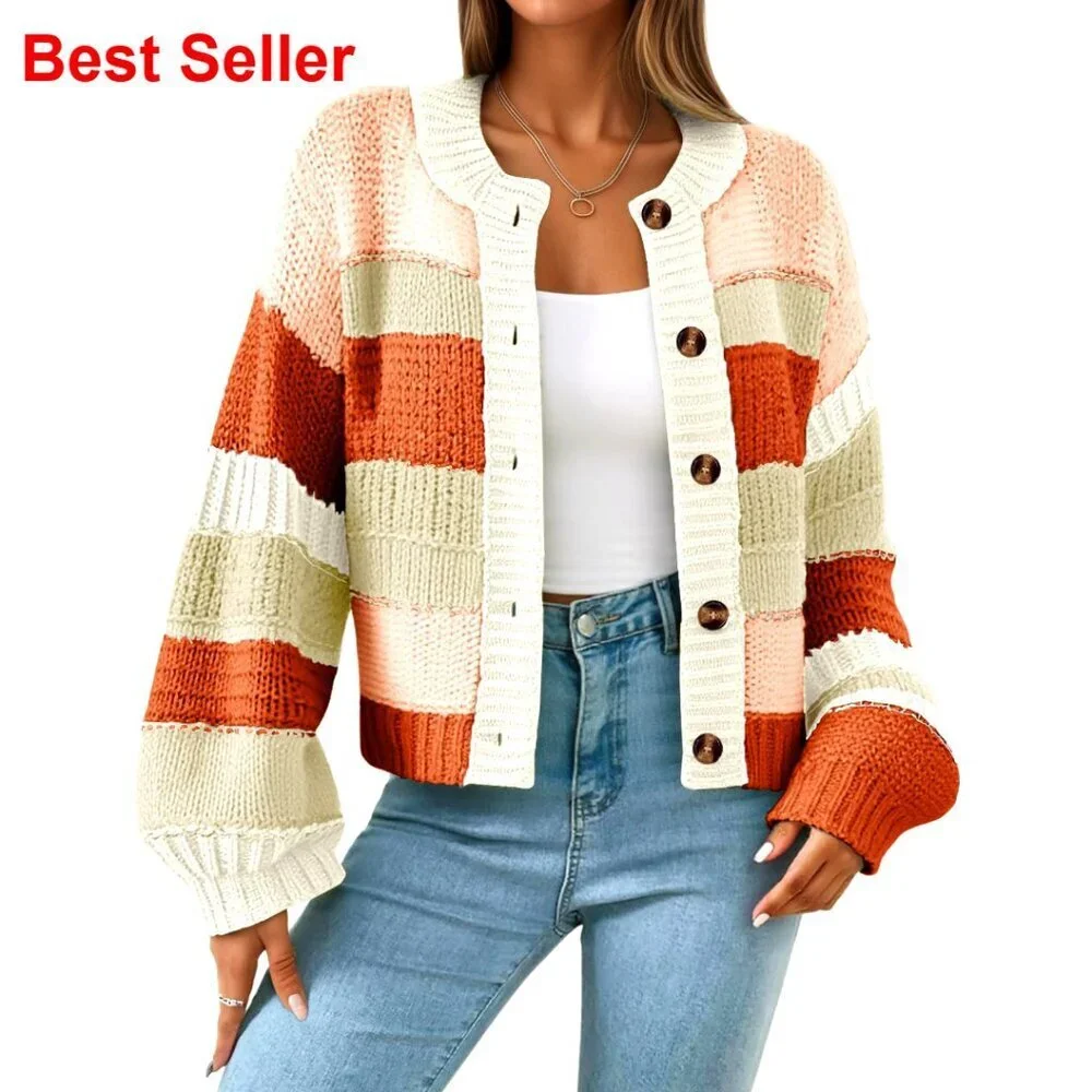 Striped Chunky Cardigan Sweater Button Up Oversized Long Sleeve Knit